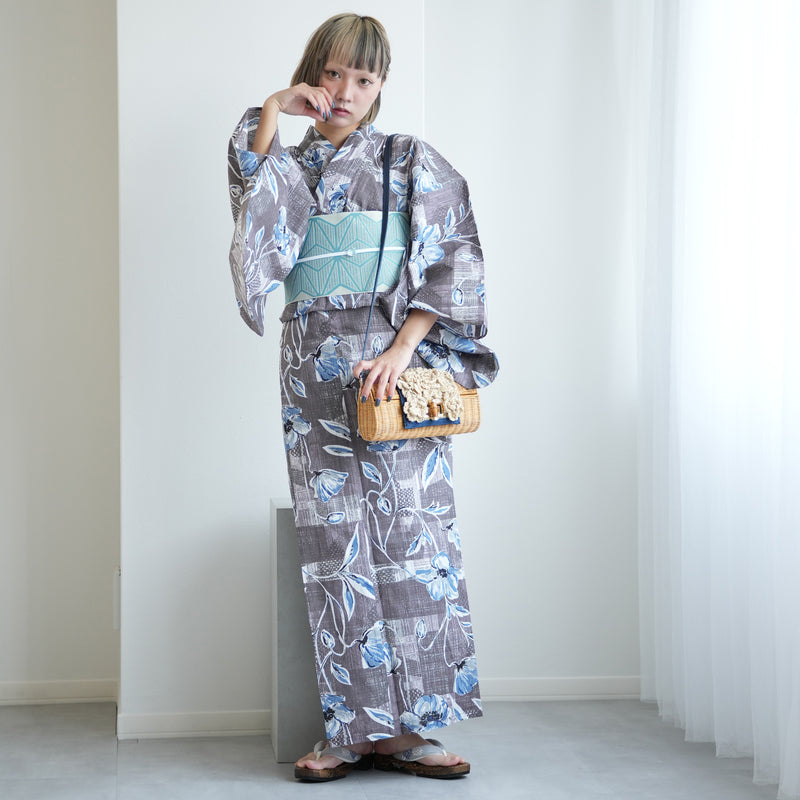 【ニコアンティーク 高級変わり織 浴衣3点セット ( ゆかた・帯・下駄 ) かすれアネモネ　グレー×ブルー】 Sサイズ （150-160cm）国産生地 国内染色　個性派きもの（5011282411）