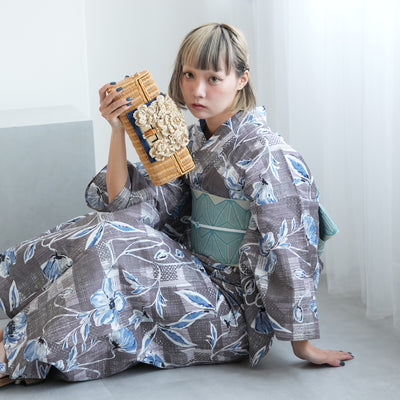【ニコアンティーク 高級変わり織 浴衣3点セット ( ゆかた・帯・下駄 ) かすれアネモネ　グレー×ブルー】 Sサイズ （150-160cm）国産生地 国内染色　個性派きもの（5011282411）