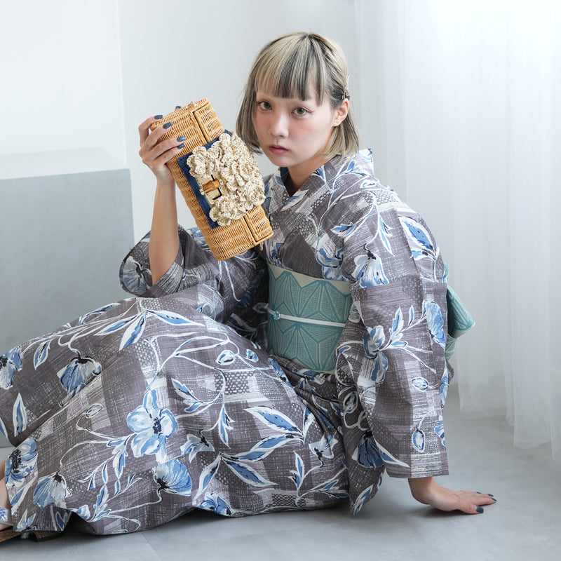 【ニコアンティーク 高級変わり織 浴衣3点セット ( ゆかた・帯・下駄 ) かすれアネモネ　グレー×ブルー】 Sサイズ （150-160cm）国産生地 国内染色　個性派きもの（5011282411）
