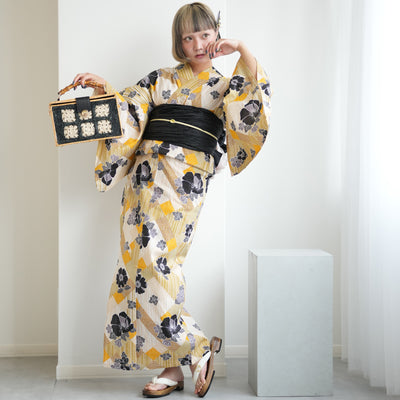 【ニコアンティーク 高級変わり織 浴衣3点セット ( ゆかた・帯・下駄 ) 芙蓉エフェクト イエロー】 3Lサイズ（ヒップ約130cm位まで対応） 国産生地 国内染色　個性派きもの（5013282511）