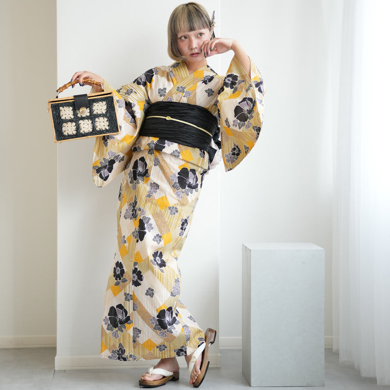 【ニコアンティーク 高級変わり織 浴衣3点セット ( ゆかた・帯・下駄 ) 芙蓉エフェクト イエロー】 3Lサイズ（ヒップ約130cm位まで対応） 国産生地 国内染色　個性派きもの（5013282511）