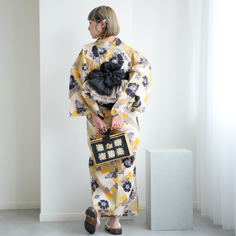 【ニコアンティーク 高級変わり織 浴衣3点セット ( ゆかた・帯・下駄 ) 芙蓉エフェクト イエロー】 3Lサイズ（ヒップ約130cm位まで対応） 国産生地 国内染色　個性派きもの（5013282511）
