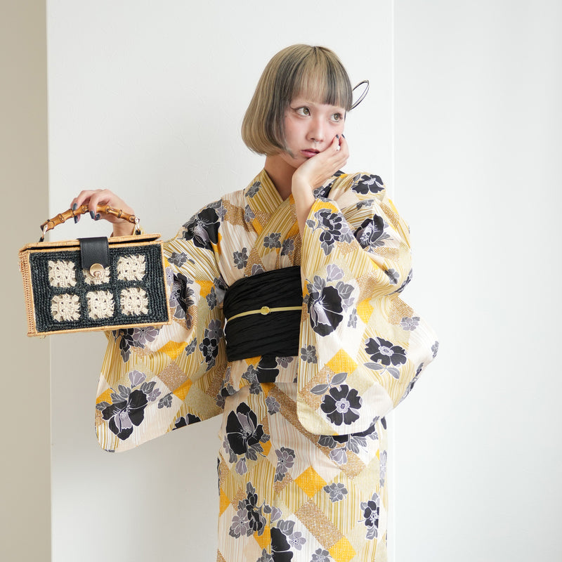 【ニコアンティーク 高級変わり織 浴衣3点セット ( ゆかた・帯・下駄 ) 芙蓉エフェクト イエロー】 3Lサイズ（ヒップ約130cm位まで対応） 国産生地 国内染色　個性派きもの（5013282511）