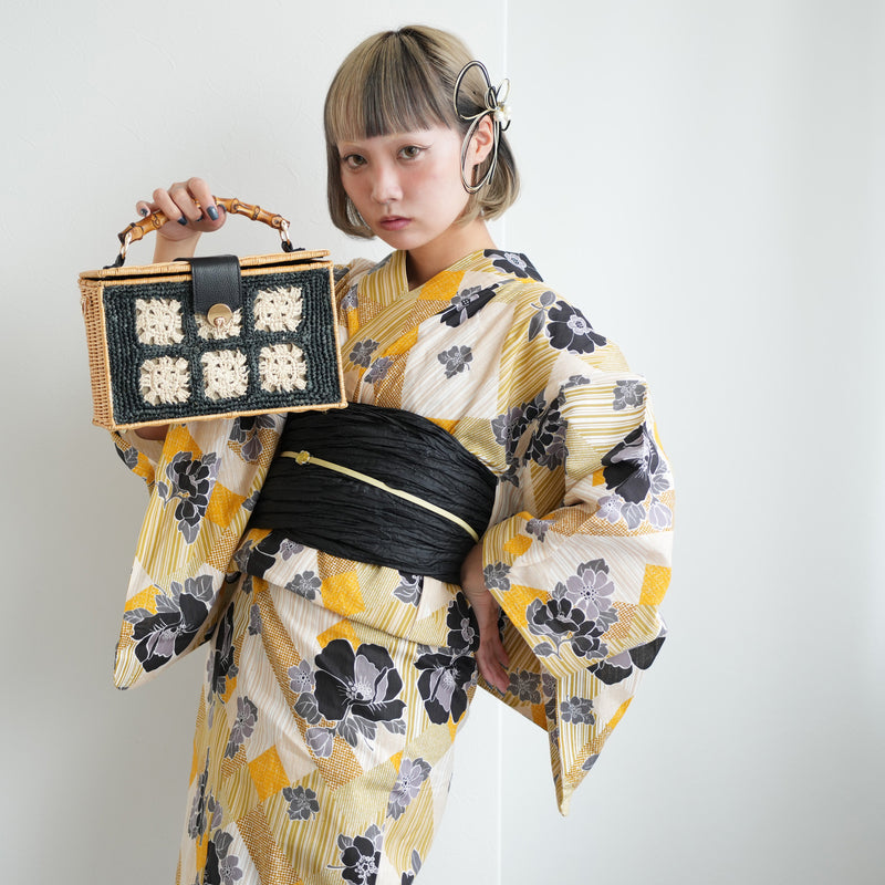 【ニコアンティーク 高級変わり織 浴衣3点セット ( ゆかた・帯・下駄 ) 芙蓉エフェクト イエロー】 3Lサイズ（ヒップ約130cm位まで対応） 国産生地 国内染色　個性派きもの（5013282511）