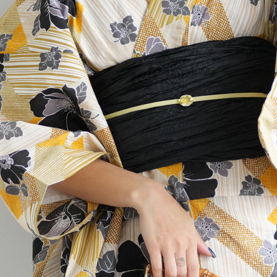 【ニコアンティーク 高級変わり織 浴衣3点セット ( ゆかた・帯・下駄 ) 芙蓉エフェクト イエロー】 3Lサイズ（ヒップ約130cm位まで対応） 国産生地 国内染色　個性派きもの（5013282511）