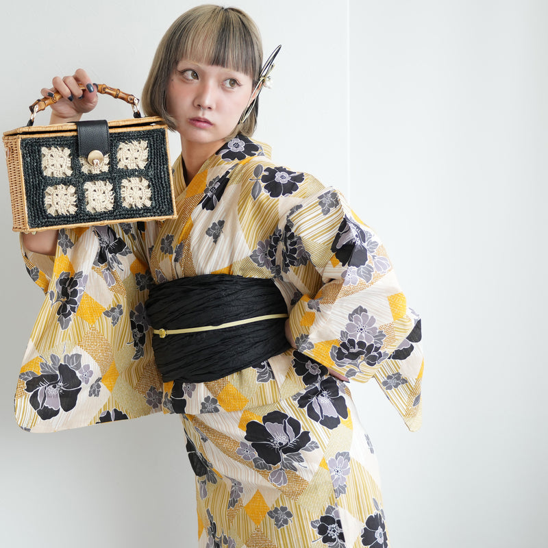 【ニコアンティーク 高級変わり織 浴衣3点セット ( ゆかた・帯・下駄 ) 芙蓉エフェクト イエロー】 フリーサイズ 国産生地 国内染色　個性派きもの（5010282511）