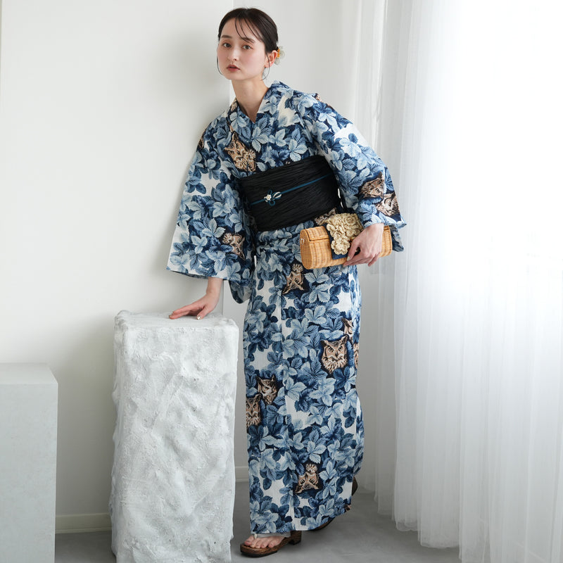 【ニコアンティーク 高級変わり織 浴衣3点セット ( ゆかた・帯・下駄 ) 梟の森　宵】 3Lサイズ（ヒップ約130cm位まで対応） 国産生地 国内染色　個性派きもの（5013282611）