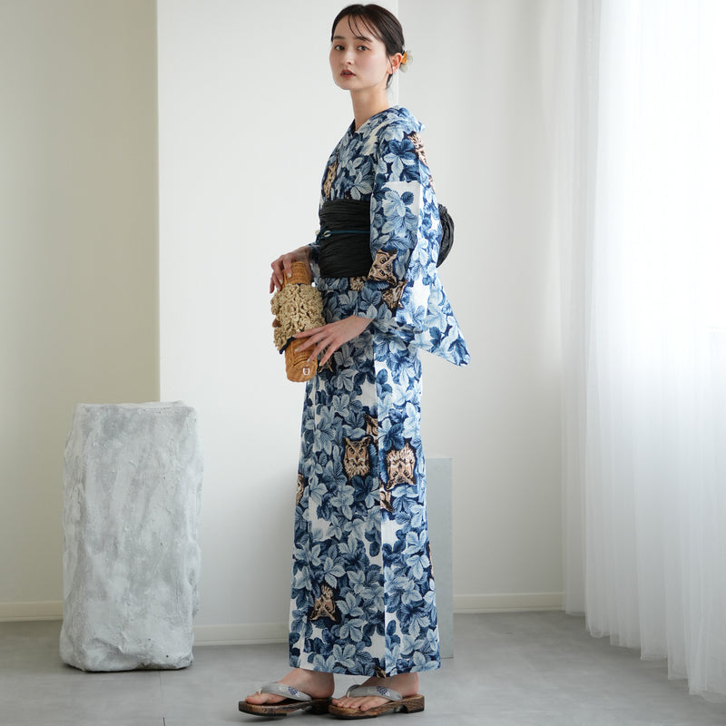 【ニコアンティーク 高級変わり織 浴衣3点セット ( ゆかた・帯・下駄 ) 梟の森　宵】 3Lサイズ（ヒップ約130cm位まで対応） 国産生地 国内染色　個性派きもの（5013282611）