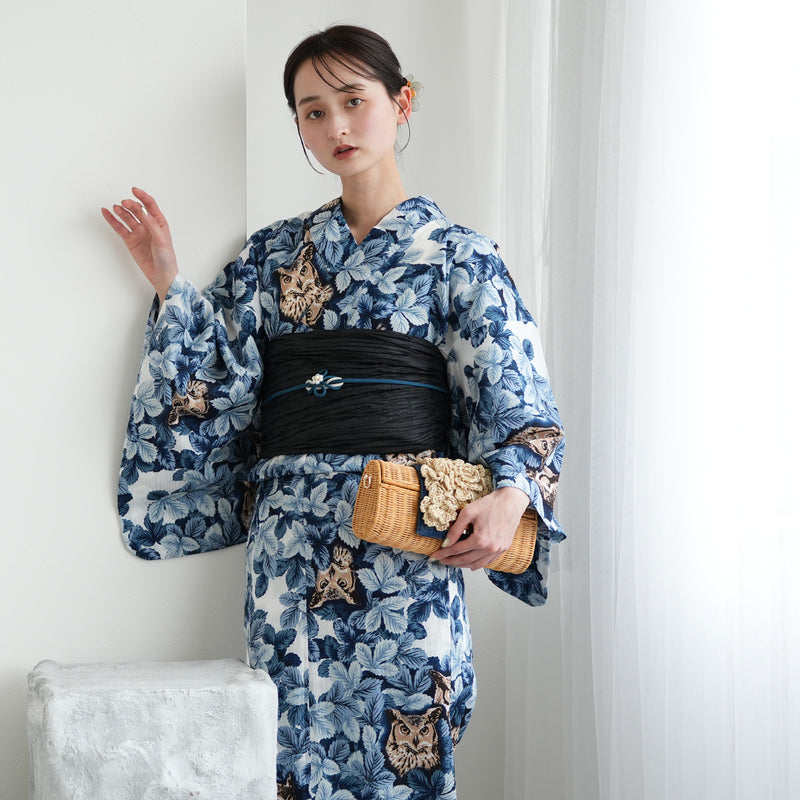 【ニコアンティーク 高級変わり織 浴衣3点セット ( ゆかた・帯・下駄 ) 梟の森　宵】 3Lサイズ（ヒップ約130cm位まで対応） 国産生地 国内染色　個性派きもの（5013282611）