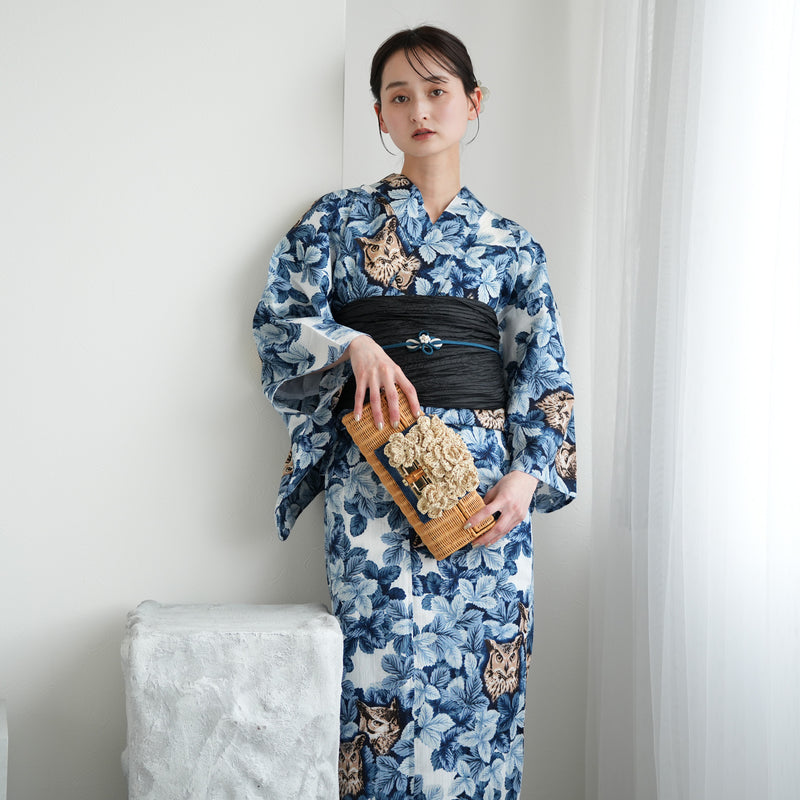 【ニコアンティーク 高級変わり織 浴衣3点セット ( ゆかた・帯・下駄 ) 梟の森　宵】 3Lサイズ（ヒップ約130cm位まで対応） 国産生地 国内染色　個性派きもの（5013282611）