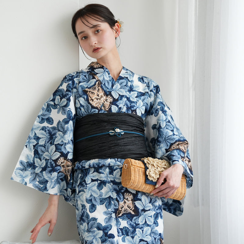 【ニコアンティーク 高級変わり織 浴衣3点セット ( ゆかた・帯・下駄 ) 梟の森　宵】 フリーサイズ 国産生地 国内染色　個性派きもの（5010282611）