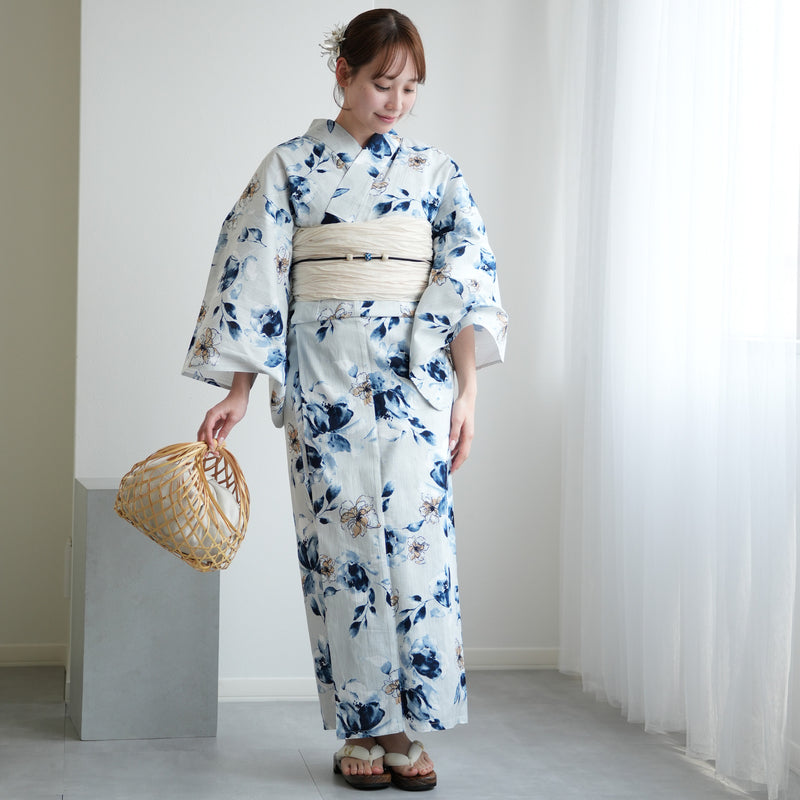 【ニコアンティーク 高級変わり織 浴衣3点セット ( ゆかた・帯・下駄 ) フロスティブルーとスモーキークオーツの花】 3Lサイズ（ヒップ約130cm位）国産生地 国内染色　個性派きもの（5013282711）