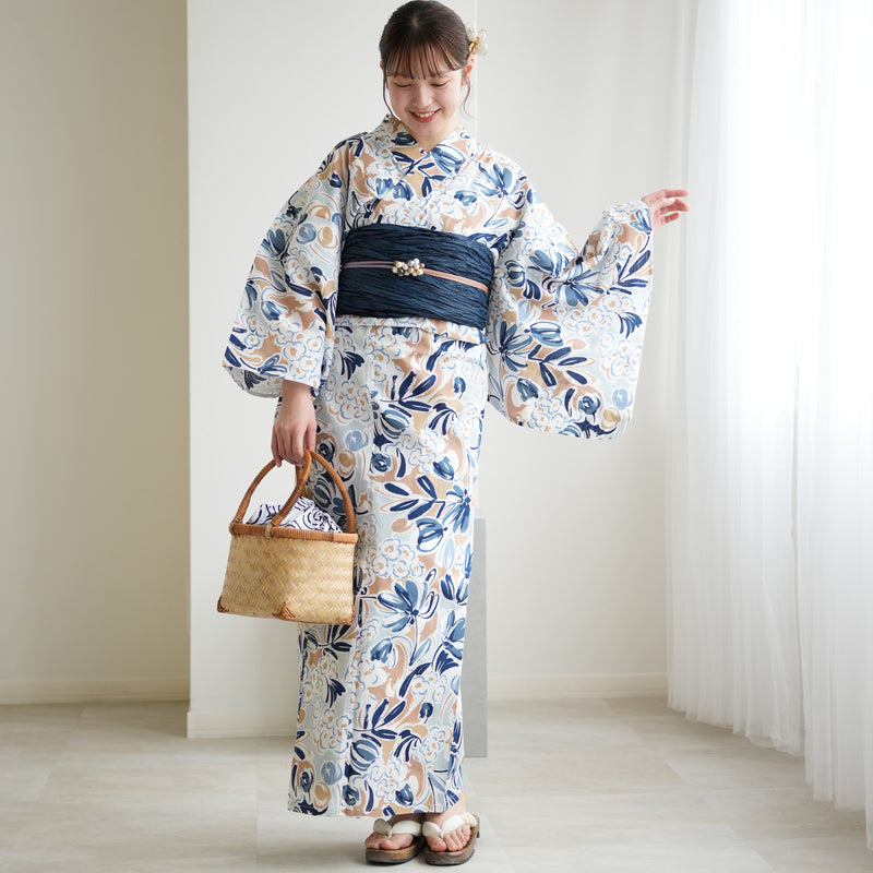 【ニコアンティーク 高級変わり織 浴衣3点セット ( ゆかた・帯・下駄 ) フロスティブルーの花】Sサイズ（150-160cm） 国産生地 国内染色　個性派きもの（5011282811）