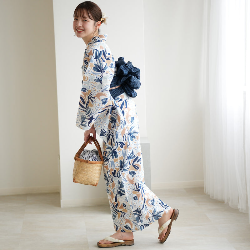 【ニコアンティーク 高級変わり織 浴衣3点セット ( ゆかた・帯・下駄 ) フロスティブルーの花】Sサイズ（150-160cm） 国産生地 国内染色　個性派きもの（5011282811）