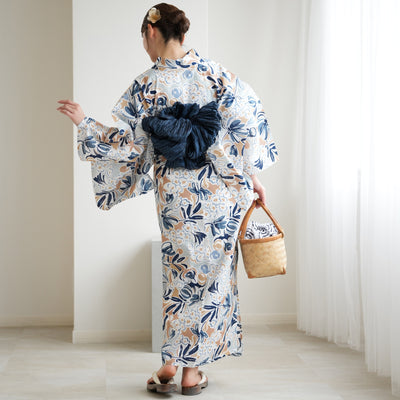 【ニコアンティーク 高級変わり織 浴衣3点セット ( ゆかた・帯・下駄 ) フロスティブルーの花】Sサイズ（150-160cm） 国産生地 国内染色　個性派きもの（5011282811）