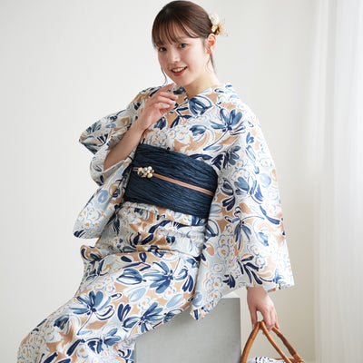 【ニコアンティーク 高級変わり織 浴衣3点セット ( ゆかた・帯・下駄 ) フロスティブルーの花】Sサイズ（150-160cm） 国産生地 国内染色　個性派きもの（5011282811）