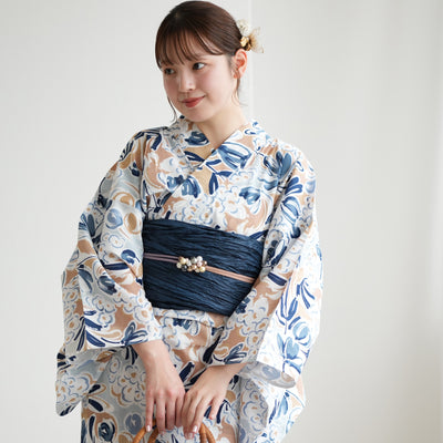 【ニコアンティーク 高級変わり織 浴衣3点セット ( ゆかた・帯・下駄 ) フロスティブルーの花】Sサイズ（150-160cm） 国産生地 国内染色　個性派きもの（5011282811）