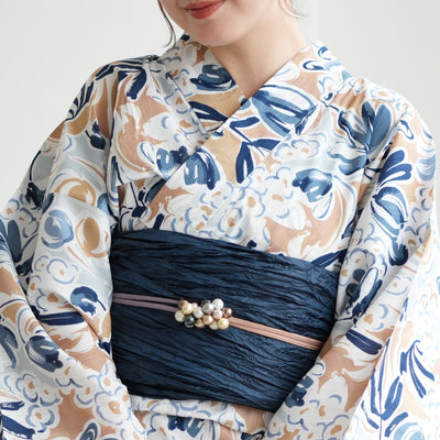 【ニコアンティーク 高級変わり織 浴衣3点セット ( ゆかた・帯・下駄 ) フロスティブルーの花】Sサイズ（150-160cm） 国産生地 国内染色　個性派きもの（5011282811）