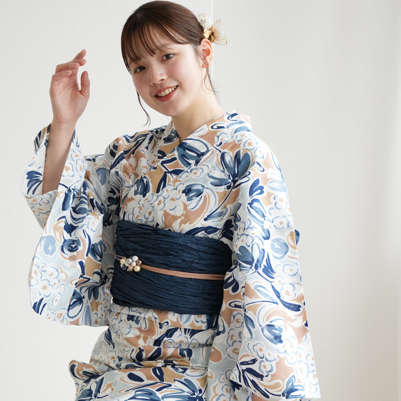 【ニコアンティーク 高級変わり織 浴衣3点セット ( ゆかた・帯・下駄 ) フロスティブルーの花】 フリーサイズ 国産生地 国内染色　個性派きもの（5010282811）
