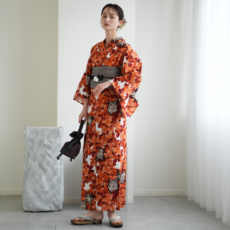 【ニコアンティーク 高級変わり織 浴衣3点セット ( ゆかた・帯・下駄 ) 梟の森　暁】 Lサイズ（165-175cm） 国産生地 国内染色　個性派きもの（5012283011）