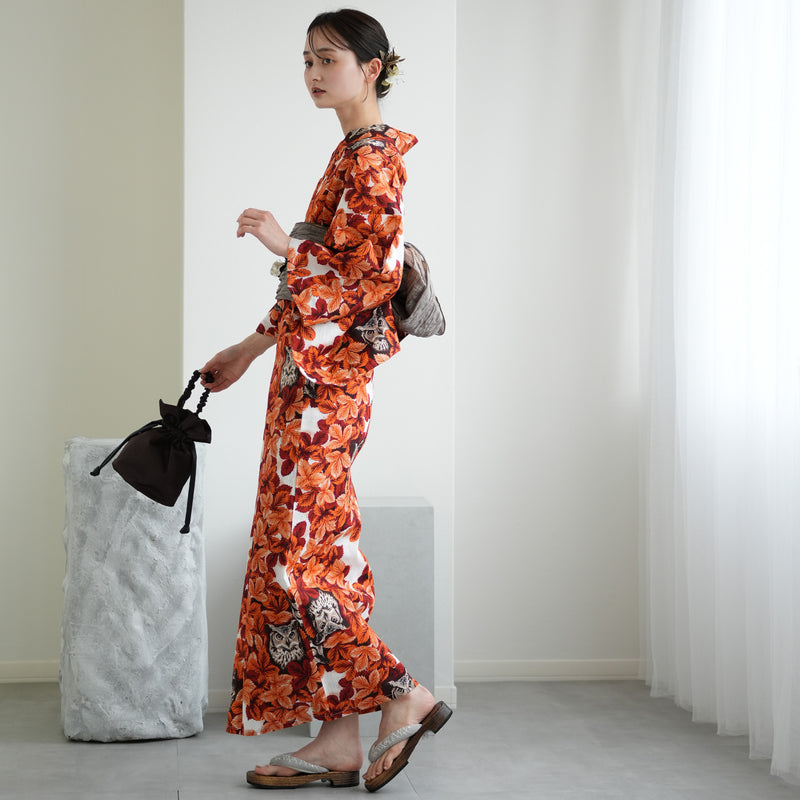 【ニコアンティーク 高級変わり織 浴衣3点セット ( ゆかた・帯・下駄 ) 梟の森　暁】 Lサイズ（165-175cm） 国産生地 国内染色　個性派きもの（5012283011）