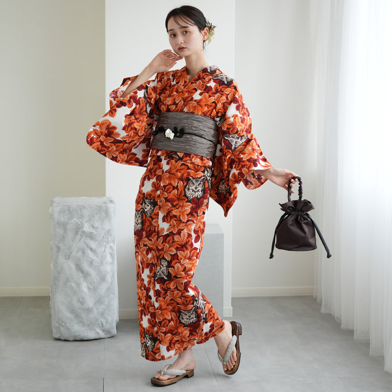 【ニコアンティーク 高級変わり織 浴衣3点セット ( ゆかた・帯・下駄 ) 梟の森　暁】 Lサイズ（165-175cm） 国産生地 国内染色　個性派きもの（5012283011）