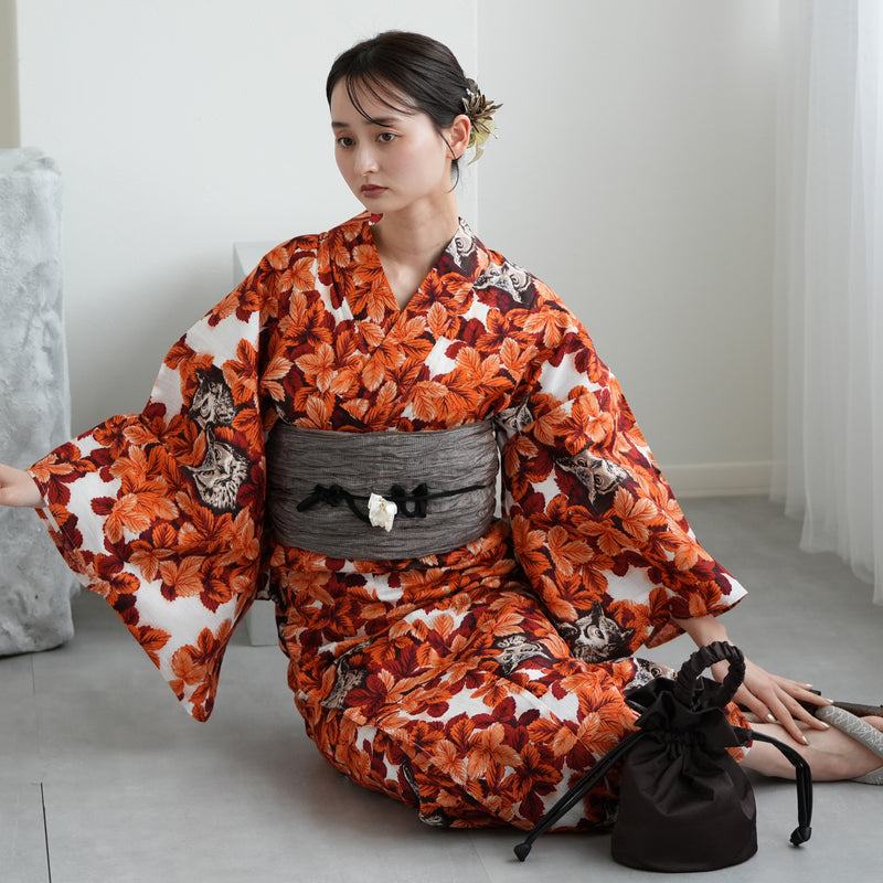 【ニコアンティーク 高級変わり織 浴衣3点セット ( ゆかた・帯・下駄 ) 梟の森　暁】 Lサイズ（165-175cm） 国産生地 国内染色　個性派きもの（5012283011）