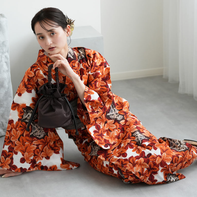 【ニコアンティーク 高級変わり織 浴衣3点セット ( ゆかた・帯・下駄 ) 梟の森　暁】 フリーサイズ 国産生地 国内染色　個性派きもの（5010283011）