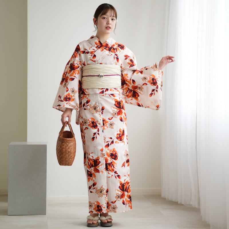【ニコアンティーク 高級変わり織 浴衣3点セット ( ゆかた・帯・下駄 ) マンダリンガーネットの花】Sサイズ（150-160cm） 国産生地 国内染色　個性派きもの（5011283111）