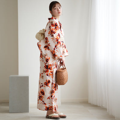 【ニコアンティーク 高級変わり織 浴衣3点セット ( ゆかた・帯・下駄 ) マンダリンガーネットの花】Sサイズ（150-160cm） 国産生地 国内染色　個性派きもの（5011283111）