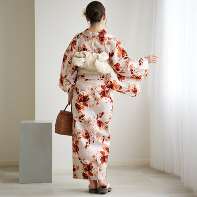 【ニコアンティーク 高級変わり織 浴衣3点セット ( ゆかた・帯・下駄 ) マンダリンガーネットの花】Sサイズ（150-160cm） 国産生地 国内染色　個性派きもの（5011283111）