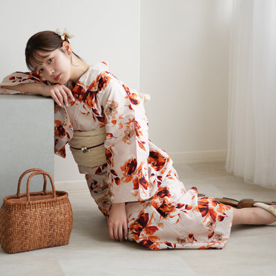 【ニコアンティーク 高級変わり織 浴衣3点セット ( ゆかた・帯・下駄 ) マンダリンガーネットの花】Sサイズ（150-160cm） 国産生地 国内染色　個性派きもの（5011283111）