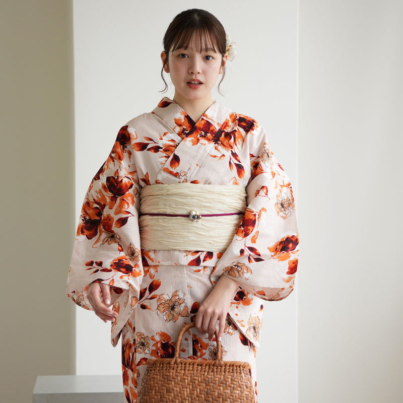 【ニコアンティーク 高級変わり織 浴衣3点セット ( ゆかた・帯・下駄 ) マンダリンガーネットの花】Sサイズ（150-160cm） 国産生地 国内染色　個性派きもの（5011283111）