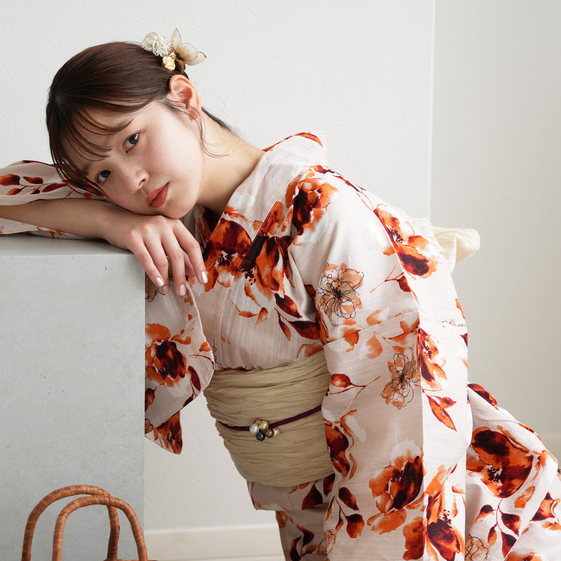 【ニコアンティーク 高級変わり織 浴衣3点セット ( ゆかた・帯・下駄 ) マンダリンガーネットの花】 フリーサイズ 国産生地 国内染色　個性派きもの（5010283111）