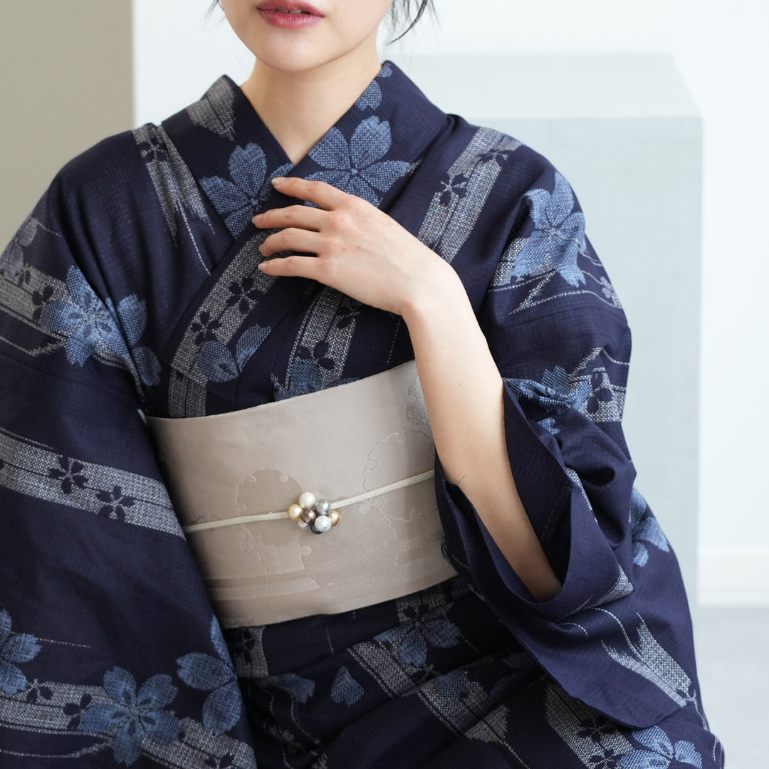 綿麻×紅梅 浴衣3点セット ( ゆかた・帯・下駄 ) 藍色に桜矢絣