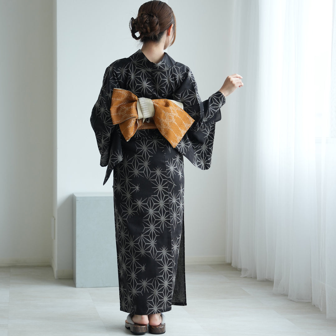浴衣3点セット（浴衣・帯・下駄）黒地の麻の葉】日本製小幅生地使用