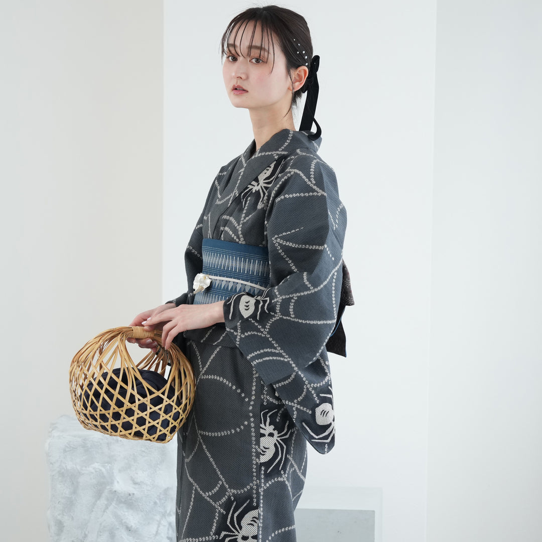 下駄無し 綿麻素材 浴衣ジェンヌ 新作 浴衣4点セット 格子柄 チェック柄 袋帯 綿麻素材 浴衣ジェンヌ 新作 浴衣4点セット 格子柄 チェック柄 袋帯 綿