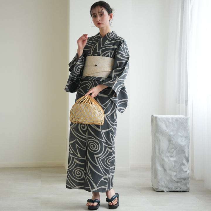浜松注染 浴衣3点セット ( ゆかた・帯・下駄 ) 綿麻×刺し子 錆鼠