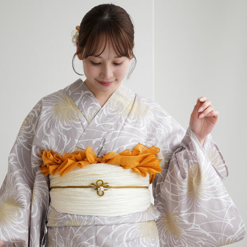 【浴衣3点セット（ゆかた・帯・下駄）グレーに広がる菊】コットン100％  フリーサイズ （5010284911）