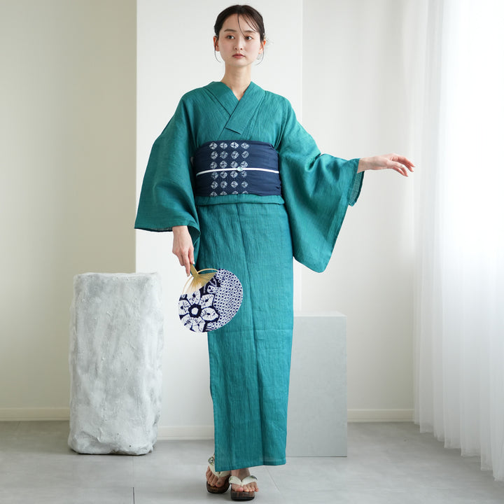 utatane 本麻 浴衣3点セット ( ゆかた・帯・下駄 ) 緑玉虫】近江