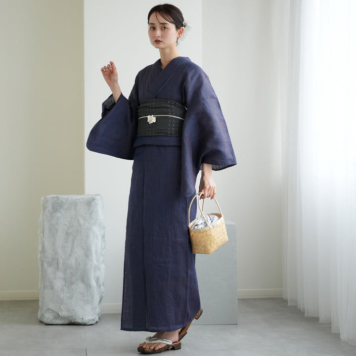 utatane 本麻 浴衣3点セット ( ゆかた・帯・下駄 ) 紺玉虫】近江縮浴衣
