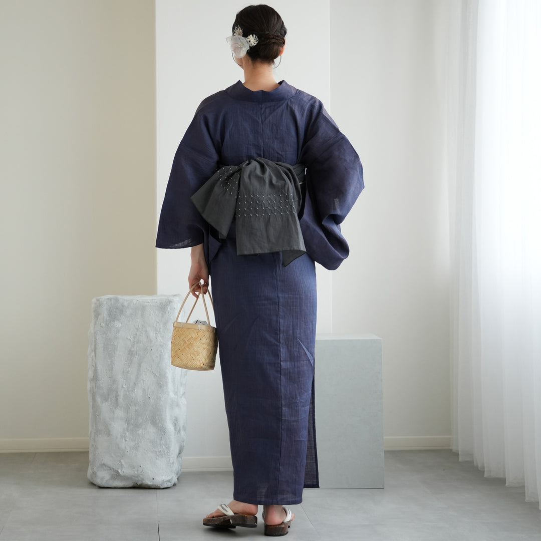 utatane 本麻 浴衣3点セット ( ゆかた・帯・下駄 ) 紺玉虫】近江縮浴衣