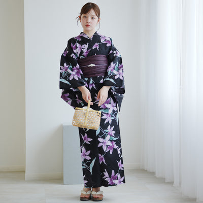 【高級変わり織 浴衣3点セット ( ゆかた・帯・下駄 )黒地にさざめく紫の花】 コットン100％ フリーサイズ（5010286311）