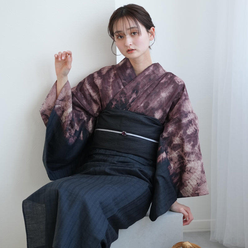 【誉田屋源兵衛  浴衣3点セット（浴衣/帯/下駄）翼絞り絵羽 黒×アメジスト】綿麻 一点物 フリーサイズ 特選シリーズ 伝統工芸（5010287311）