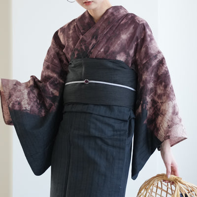 【誉田屋源兵衛  浴衣3点セット（浴衣/帯/下駄）翼絞り絵羽 黒×アメジスト】綿麻 一点物 フリーサイズ 特選シリーズ 伝統工芸（5010287311）