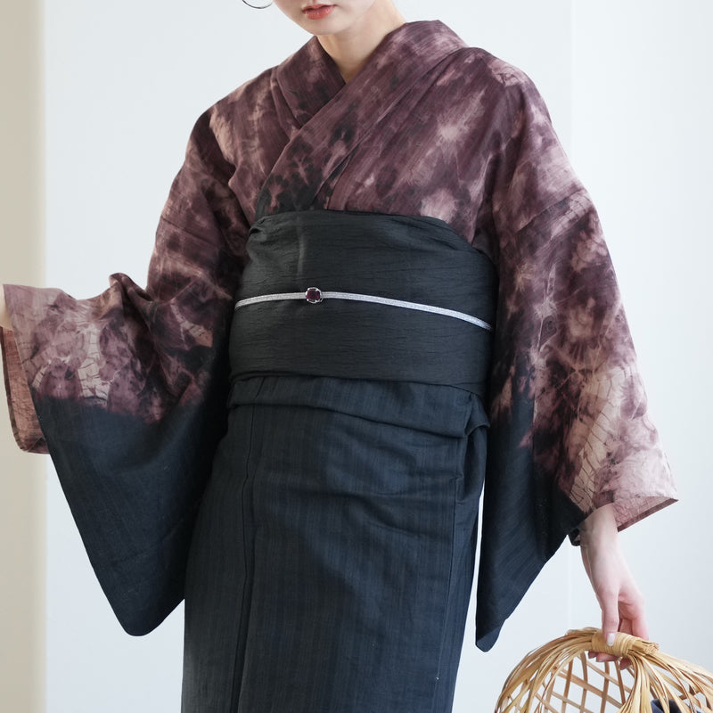【誉田屋源兵衛  浴衣3点セット（浴衣/帯/下駄）翼絞り絵羽 黒×アメジスト】綿麻 一点物 フリーサイズ 特選シリーズ 伝統工芸（5010287311）