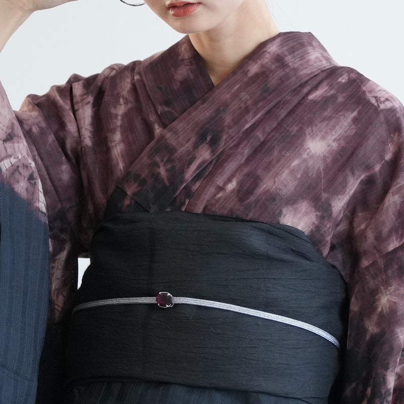 【誉田屋源兵衛  浴衣3点セット（浴衣/帯/下駄）翼絞り絵羽 黒×アメジスト】綿麻 一点物 フリーサイズ 特選シリーズ 伝統工芸（5010287311）