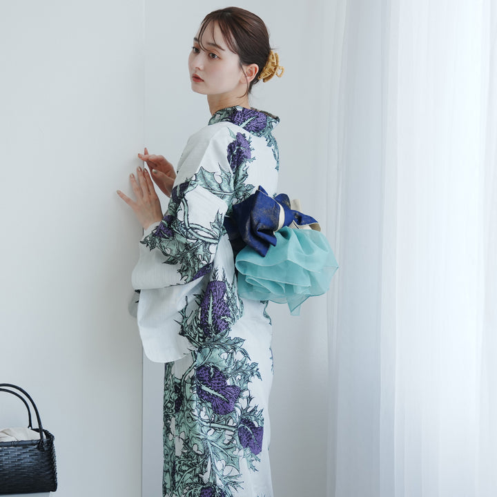 誉田屋〈山口〉源兵衛　 お仕立て上がり浴衣　パピヨン　未使用・タグ付き 誉田屋源兵衛 浴衣3点セット（浴衣/帯/下駄）薊 グレー】日本製