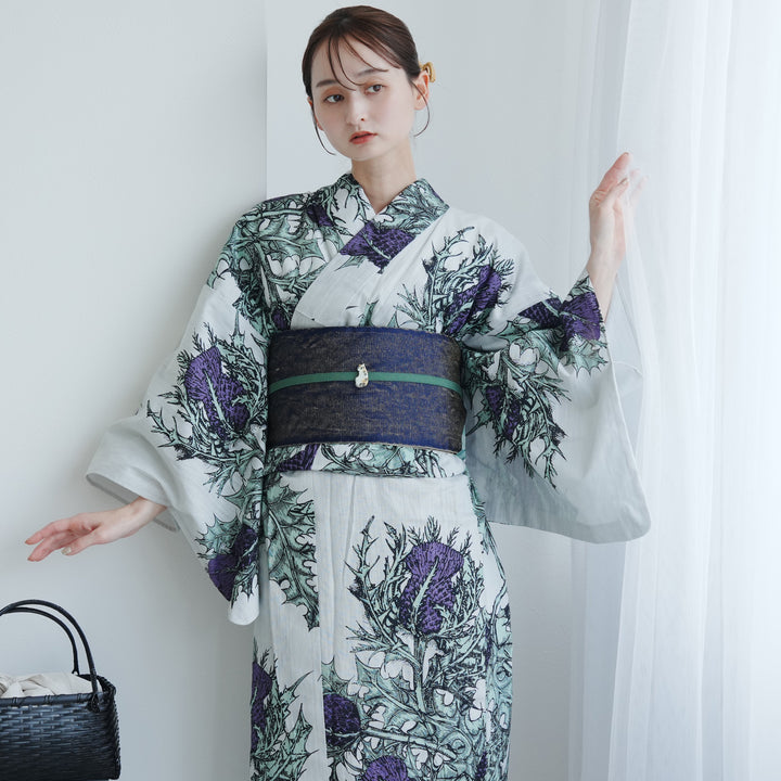 【y新作入荷しました！】誉田屋源兵衛のオリジナル浴衣男女兼用348 誉田屋源兵衛 浴衣3点セット（浴衣/帯/下駄）薊 グレー】日本製