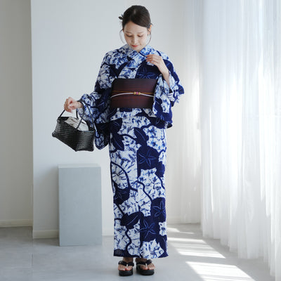 【utatane 京鹿の子絞り/有松染め  浴衣3点セット ( ゆかた・帯・下駄 ) 伝統工芸士・清江和雄 朝顔】フリーサイズ 極み 伝統工芸 日本製 国内縫製 手縫い併用 （5010291411）